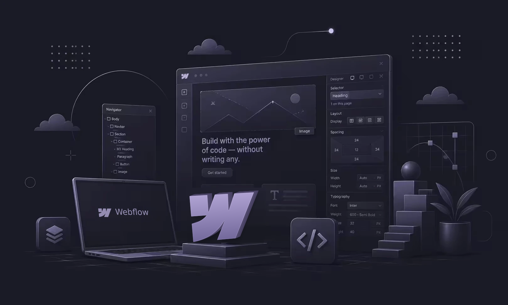 A sculptural lavender Webflow workspace, with a laptop, design panels, and a staircase, on a charcoal background