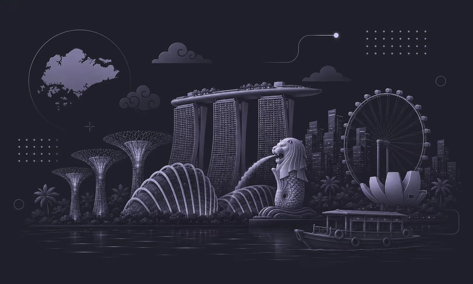 Sculptural lavender illustration of Singapore, with Marina Bay Sands, the Merlion, Gardens by the Bay, and the Singapore Flyer